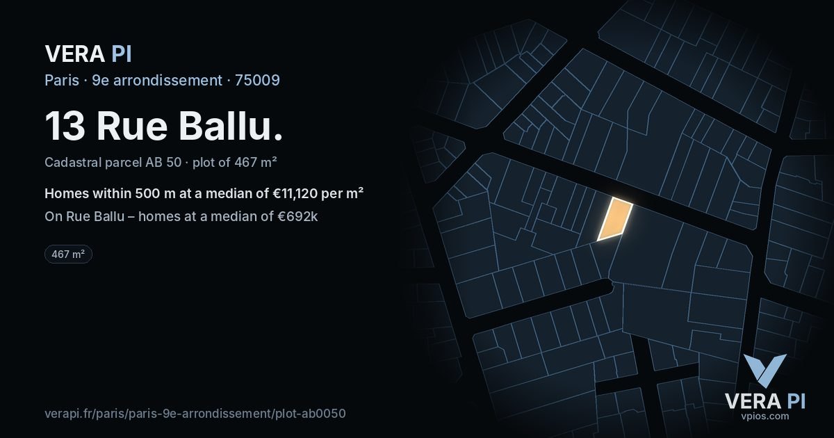 13 Rue Ballu, 9e arrondissement at night – the plot lit, the parcels around coloured by the prices near them