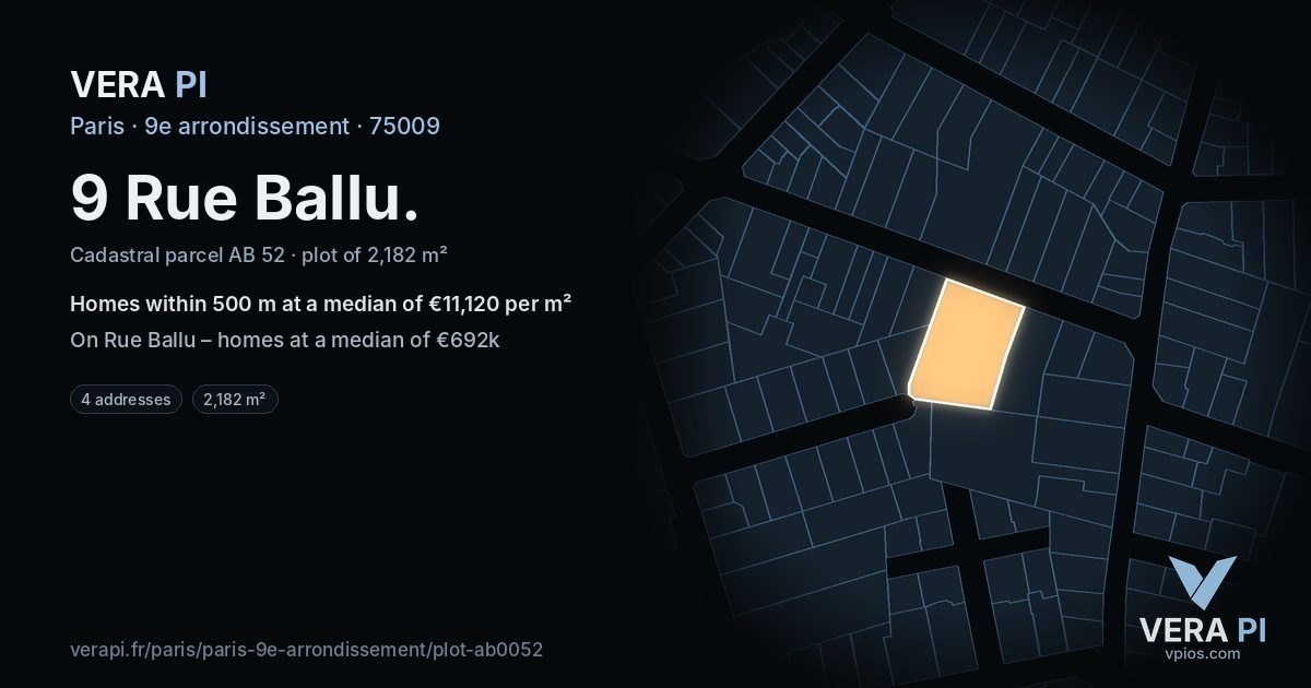 9 Rue Ballu, 9e arrondissement at night – the plot lit, the parcels around coloured by the prices near them