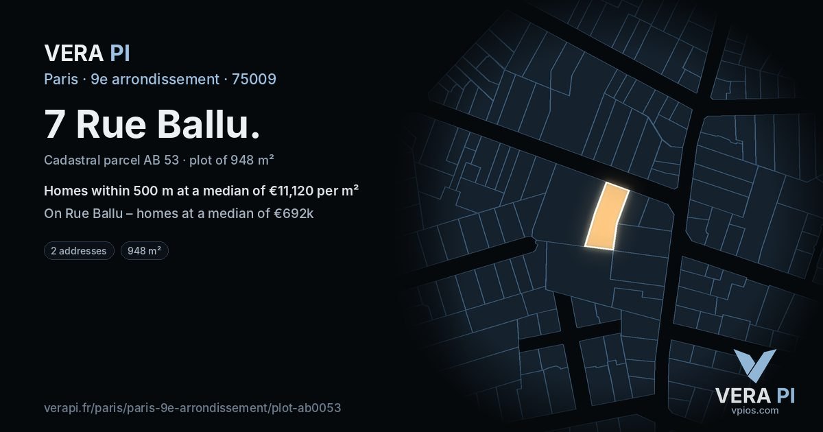 7 Rue Ballu, 9e arrondissement at night – the plot lit, the parcels around coloured by the prices near them