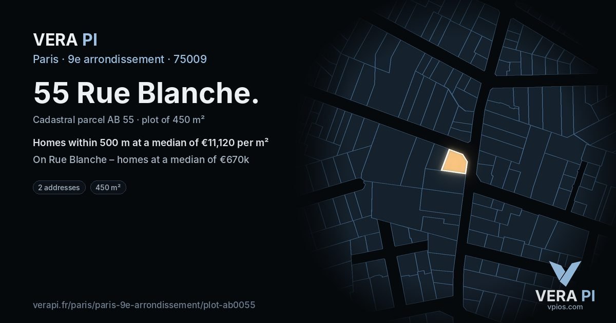 55 Rue Blanche, 9e arrondissement at night – the plot lit, the parcels around coloured by the prices near them