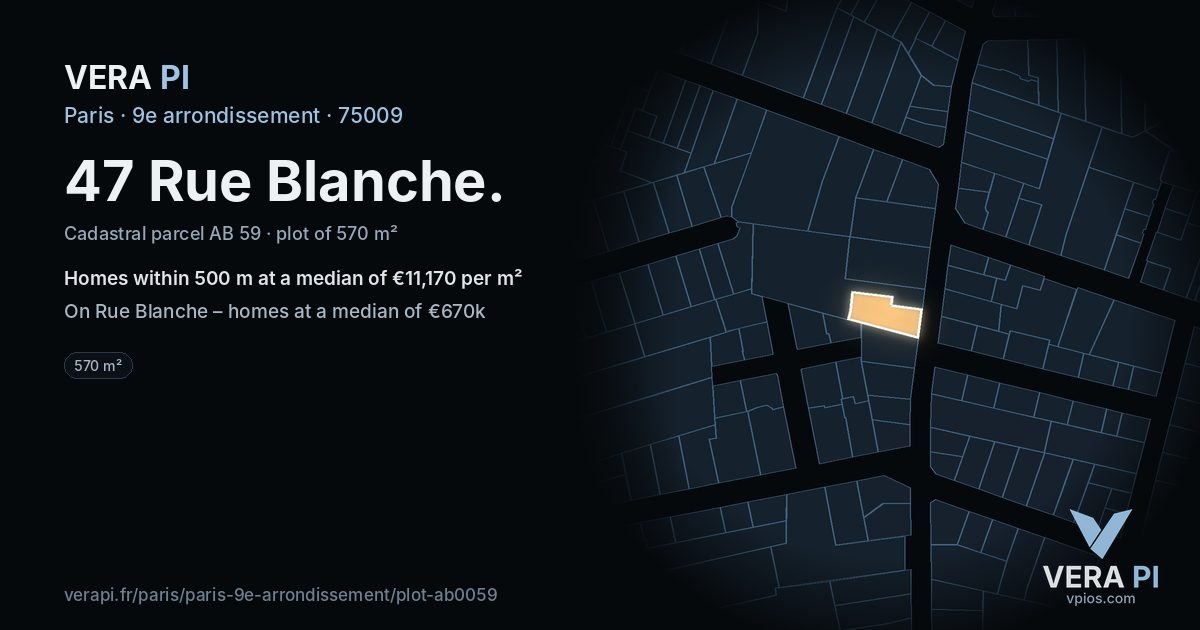 47 Rue Blanche, 9e arrondissement at night – the plot lit, the parcels around coloured by the prices near them