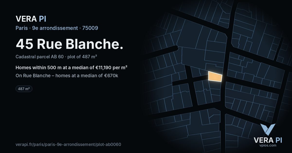 45 Rue Blanche, 9e arrondissement at night – the plot lit, the parcels around coloured by the prices near them