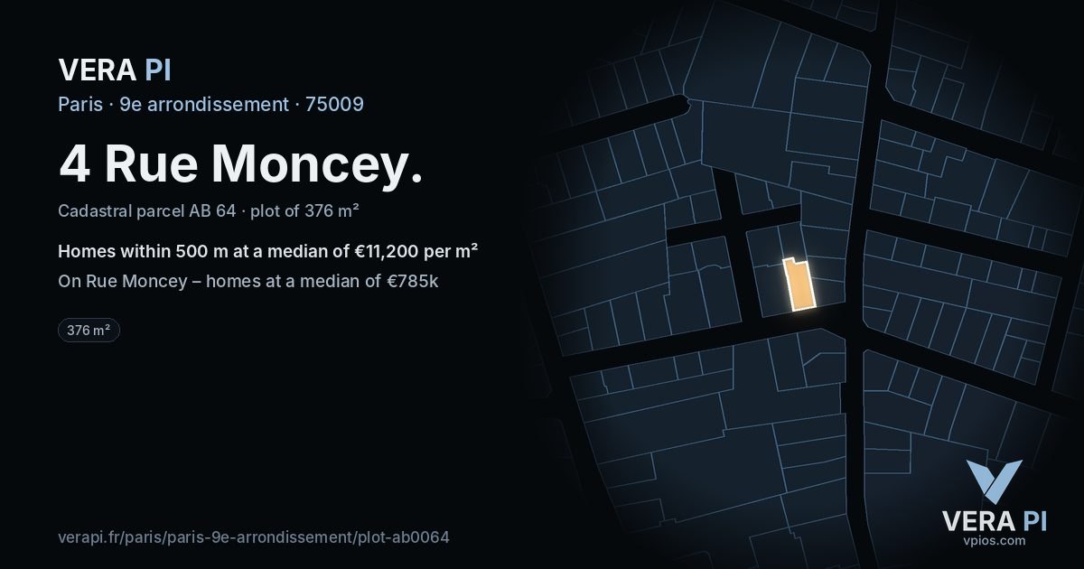 4 Rue Moncey, 9e arrondissement at night – the plot lit, the parcels around coloured by the prices near them