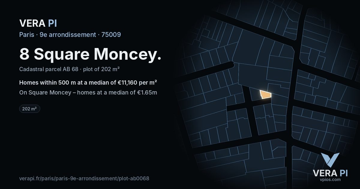 8 Square Moncey, 9e arrondissement at night – the plot lit, the parcels around coloured by the prices near them