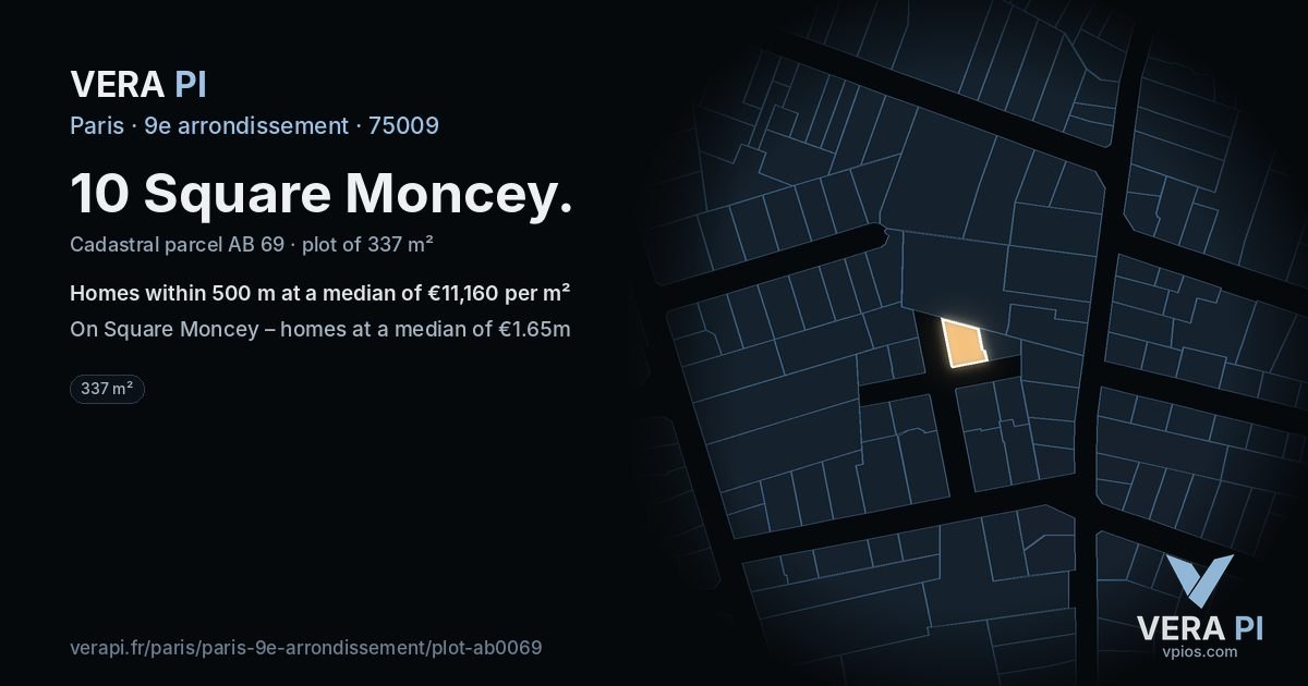 10 Square Moncey, 9e arrondissement at night – the plot lit, the parcels around coloured by the prices near them