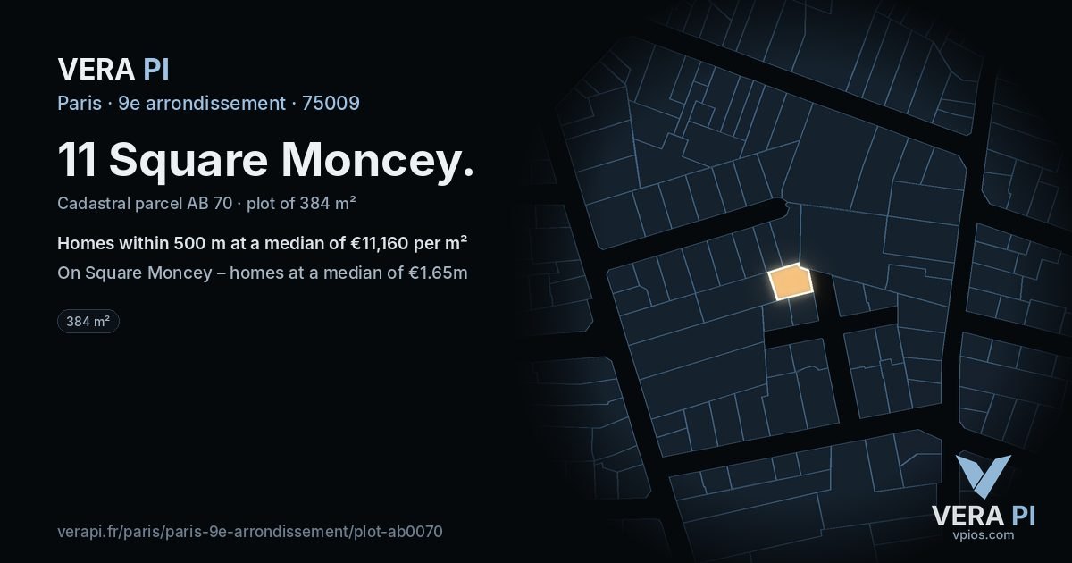 11 Square Moncey, 9e arrondissement at night – the plot lit, the parcels around coloured by the prices near them