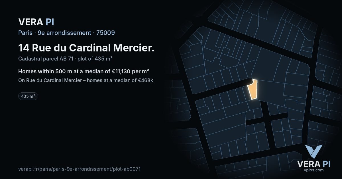 14 Rue du Cardinal Mercier, 9e arrondissement at night – the plot lit, the parcels around coloured by the prices near them