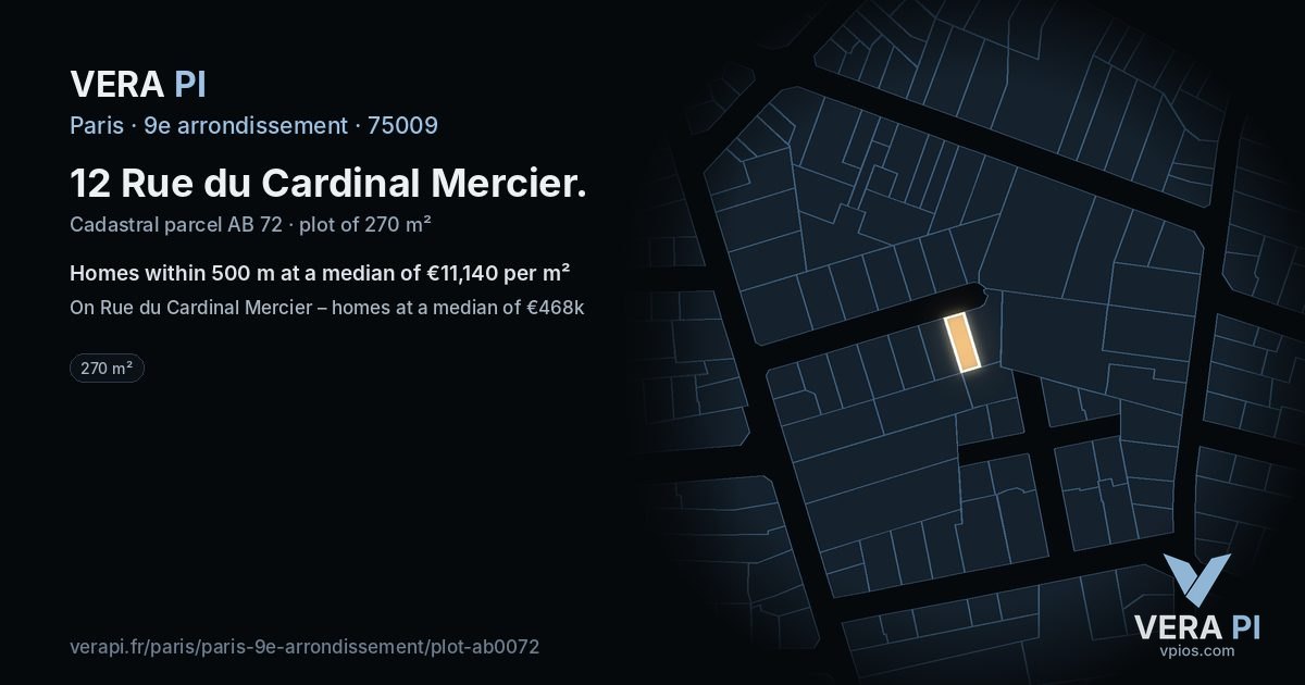 12 Rue du Cardinal Mercier, 9e arrondissement at night – the plot lit, the parcels around coloured by the prices near them