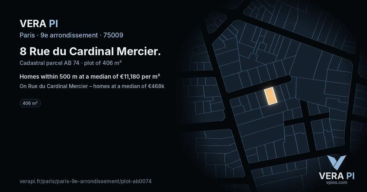 8 Rue du Cardinal Mercier, 9e arrondissement at night – the plot lit, the parcels around coloured by the prices near them