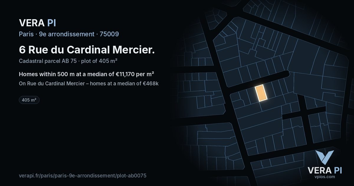6 Rue du Cardinal Mercier, 9e arrondissement at night – the plot lit, the parcels around coloured by the prices near them