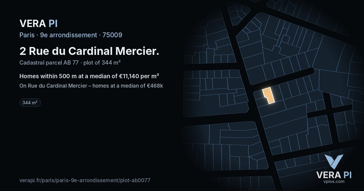 2 Rue du Cardinal Mercier, 9e arrondissement at night – the plot lit, the parcels around coloured by the prices near them