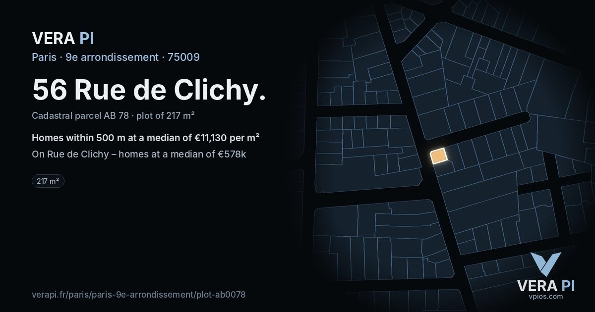 56 Rue de Clichy, 9e arrondissement at night – the plot lit, the parcels around coloured by the prices near them
