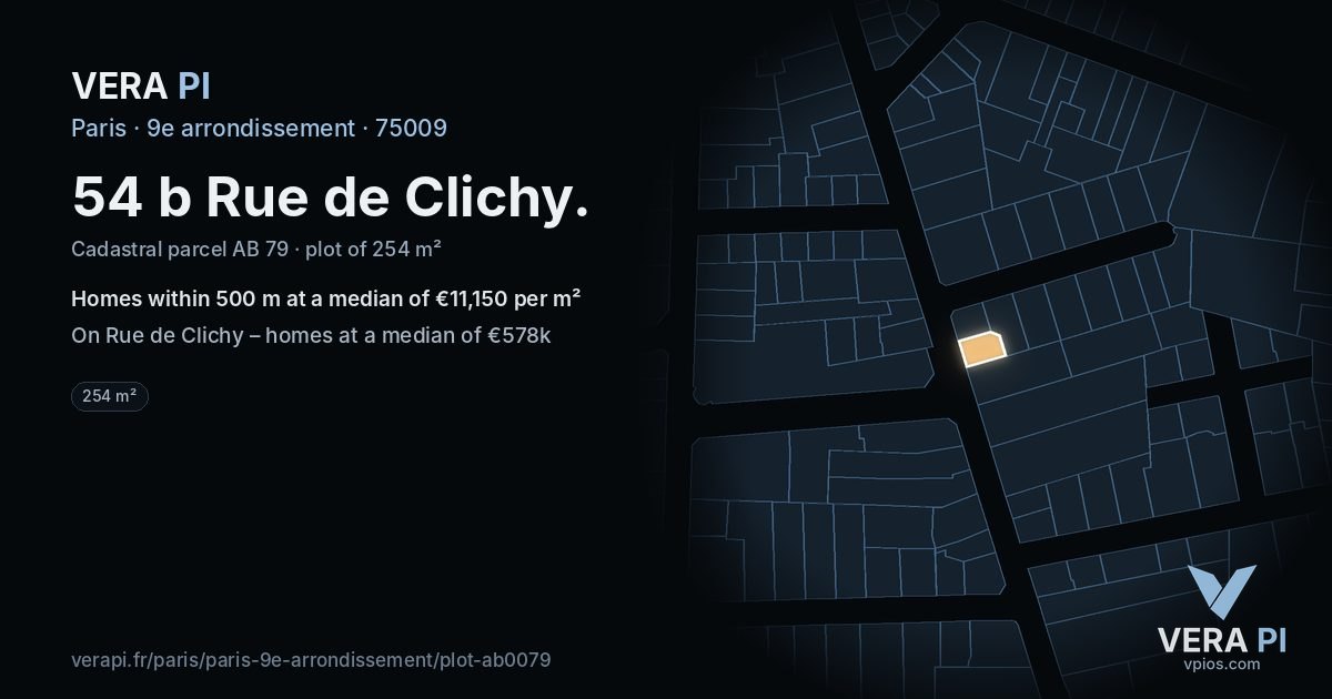 54 b Rue de Clichy, 9e arrondissement at night – the plot lit, the parcels around coloured by the prices near them
