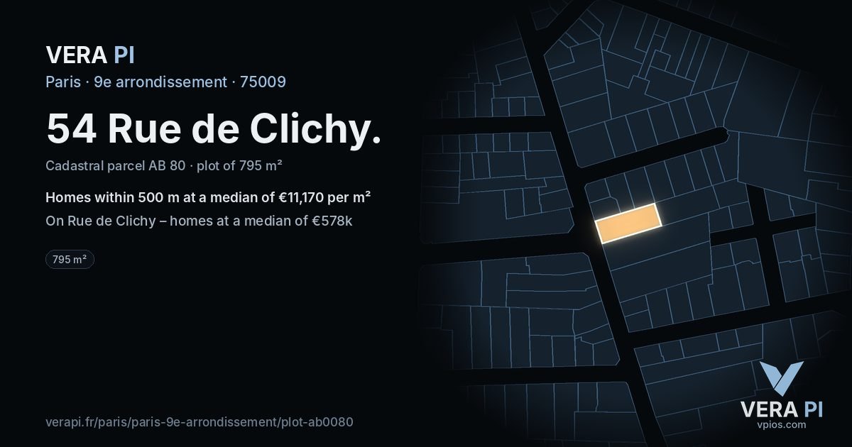 54 Rue de Clichy, 9e arrondissement at night – the plot lit, the parcels around coloured by the prices near them