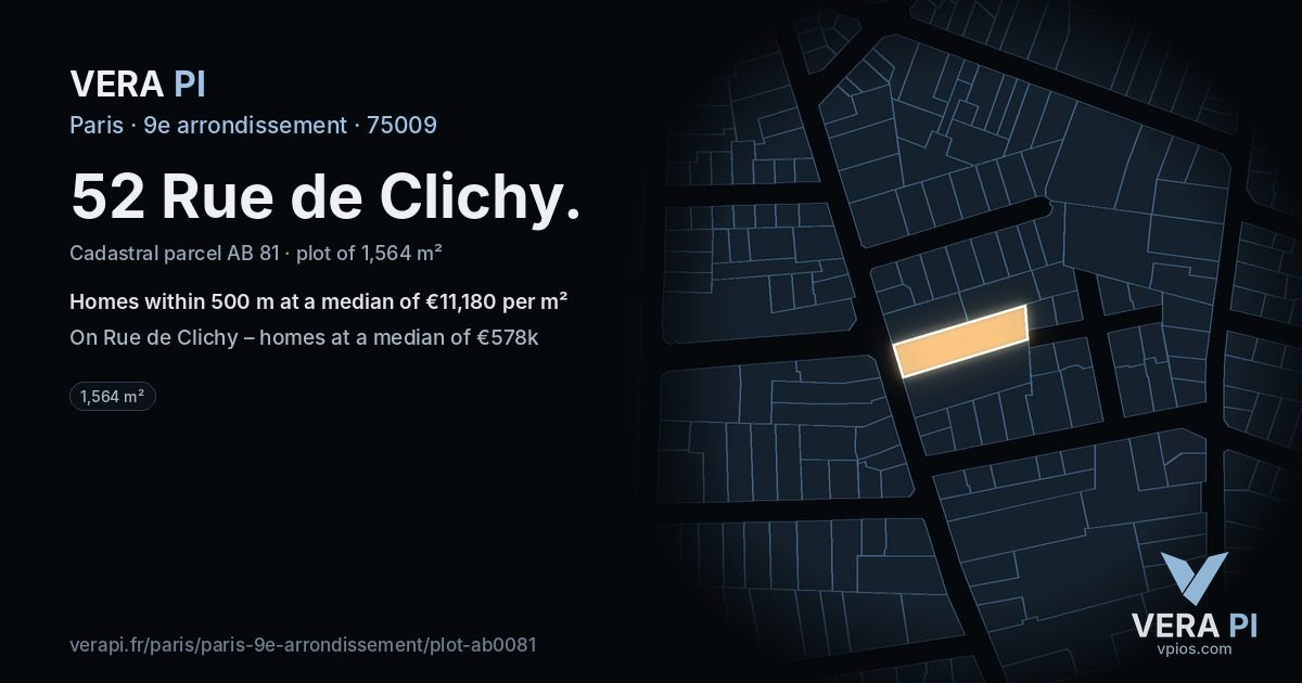 52 Rue de Clichy, 9e arrondissement at night – the plot lit, the parcels around coloured by the prices near them