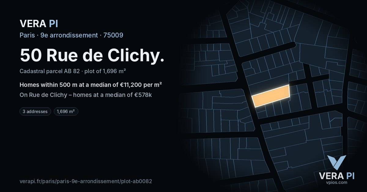 50 Rue de Clichy, 9e arrondissement at night – the plot lit, the parcels around coloured by the prices near them