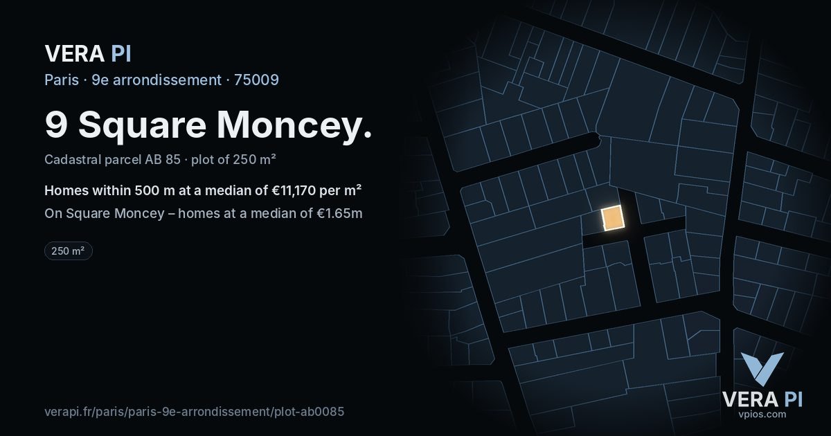 9 Square Moncey, 9e arrondissement at night – the plot lit, the parcels around coloured by the prices near them