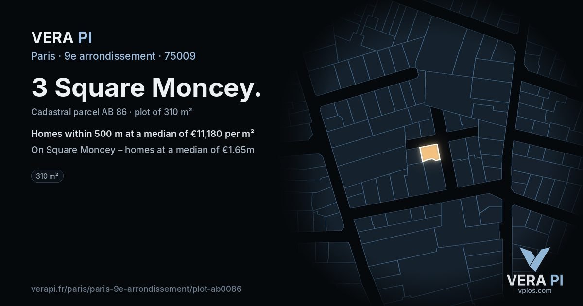 3 Square Moncey, 9e arrondissement at night – the plot lit, the parcels around coloured by the prices near them