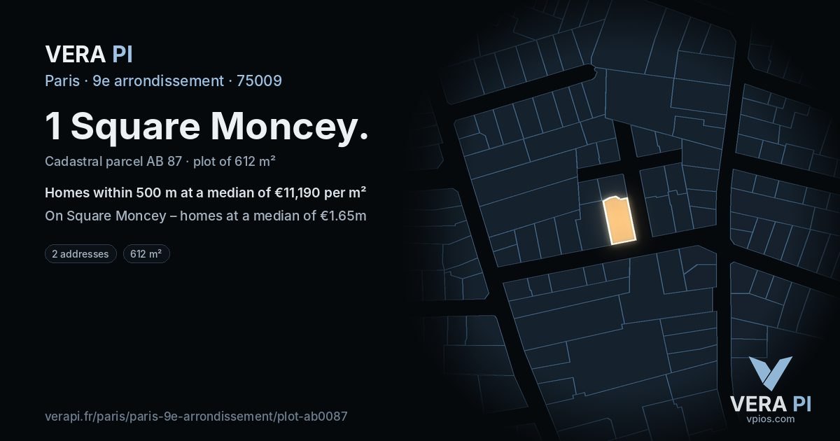 1 Square Moncey, 9e arrondissement at night – the plot lit, the parcels around coloured by the prices near them