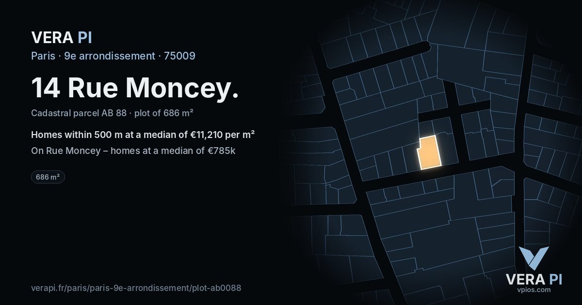 14 Rue Moncey, 9e arrondissement at night – the plot lit, the parcels around coloured by the prices near them