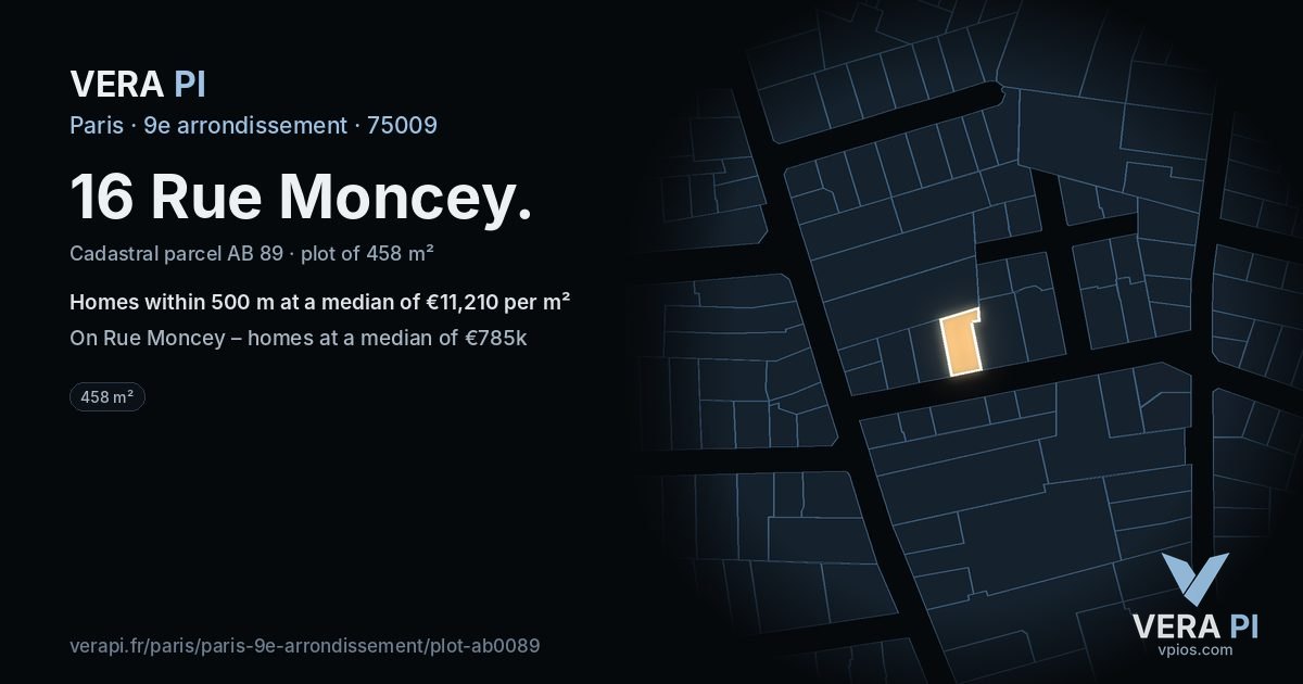 16 Rue Moncey, 9e arrondissement at night – the plot lit, the parcels around coloured by the prices near them