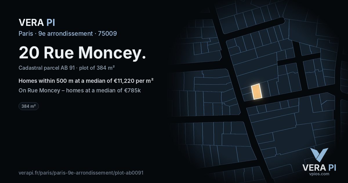 20 Rue Moncey, 9e arrondissement at night – the plot lit, the parcels around coloured by the prices near them