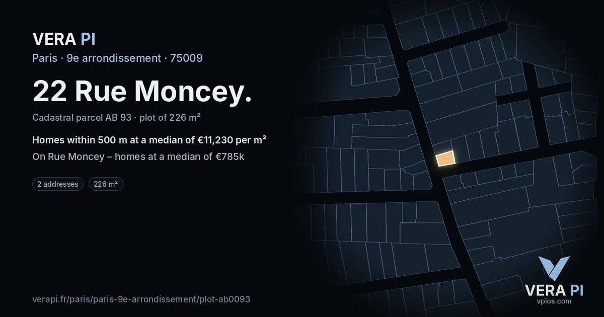 22 Rue Moncey, 9e arrondissement at night – the plot lit, the parcels around coloured by the prices near them