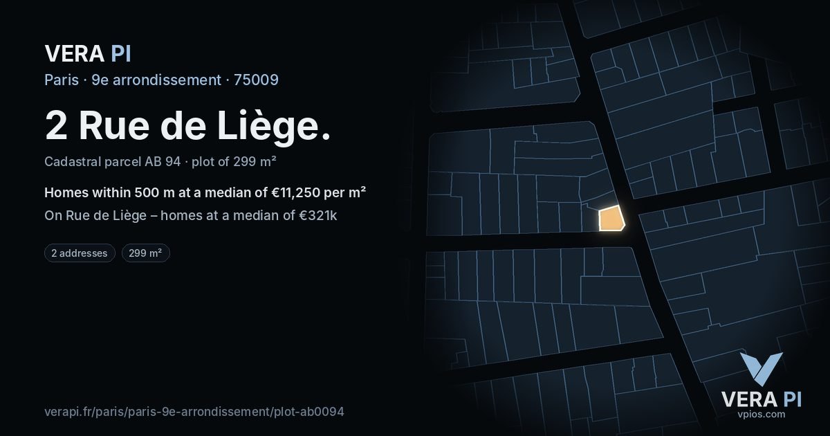 2 Rue de Liège, 9e arrondissement at night – the plot lit, the parcels around coloured by the prices near them