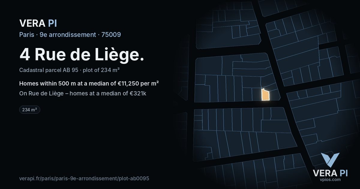 4 Rue de Liège, 9e arrondissement at night – the plot lit, the parcels around coloured by the prices near them