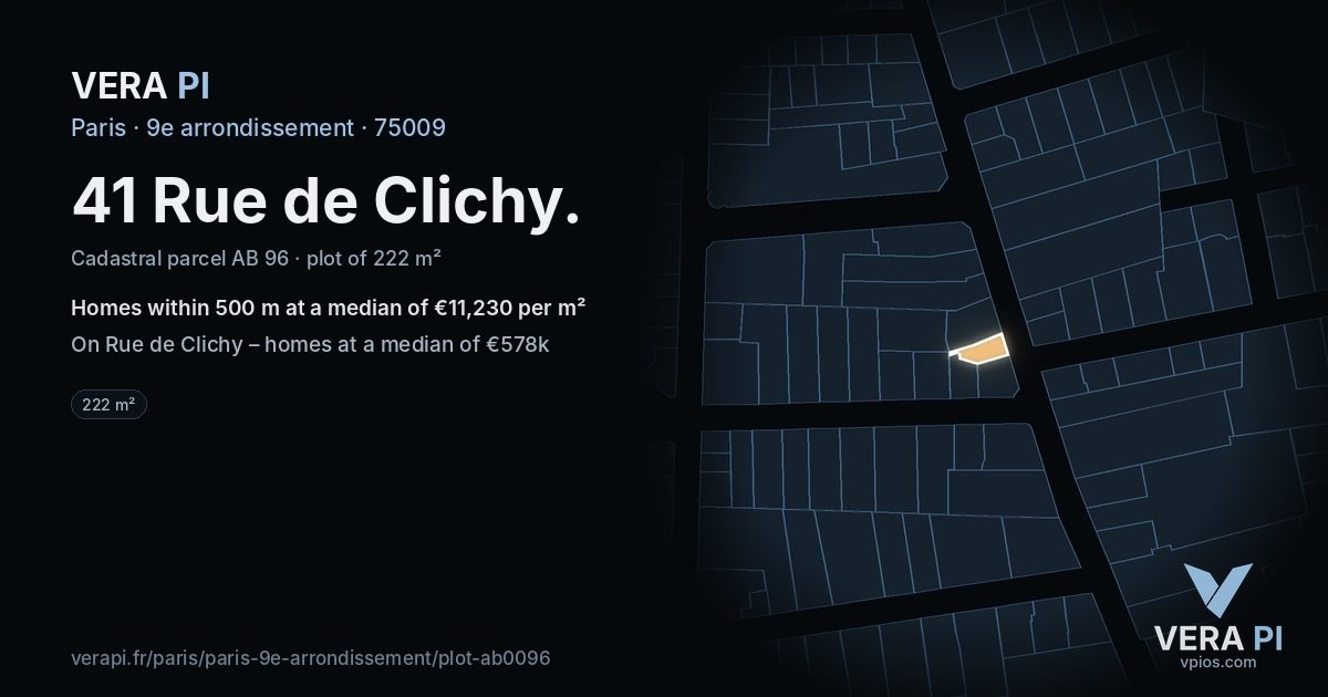 41 Rue de Clichy, 9e arrondissement at night – the plot lit, the parcels around coloured by the prices near them