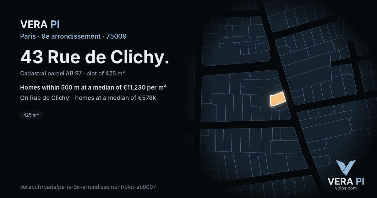 43 Rue de Clichy, 9e arrondissement at night – the plot lit, the parcels around coloured by the prices near them