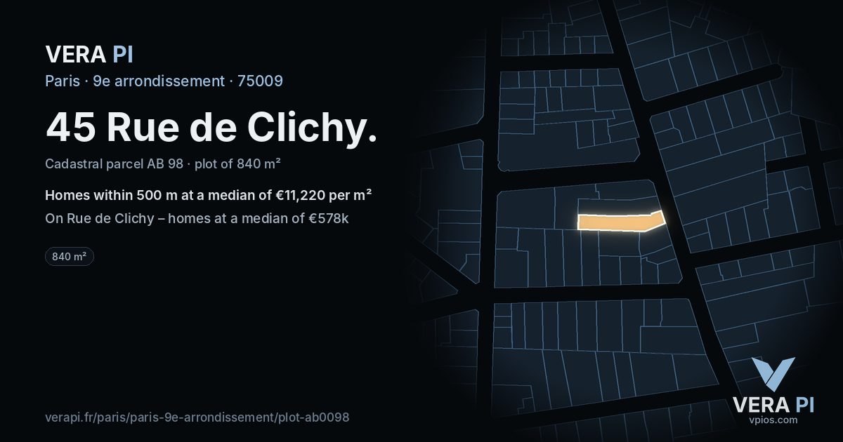 45 Rue de Clichy, 9e arrondissement at night – the plot lit, the parcels around coloured by the prices near them
