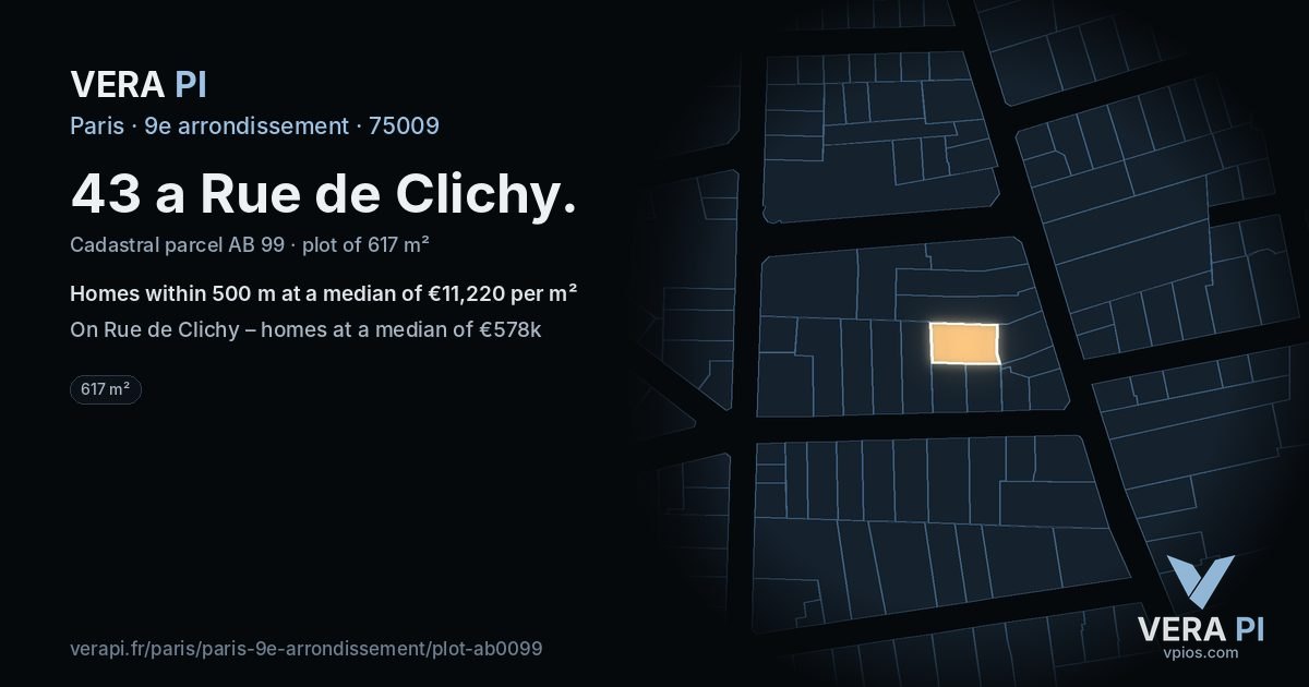 43 a Rue de Clichy, 9e arrondissement at night – the plot lit, the parcels around coloured by the prices near them