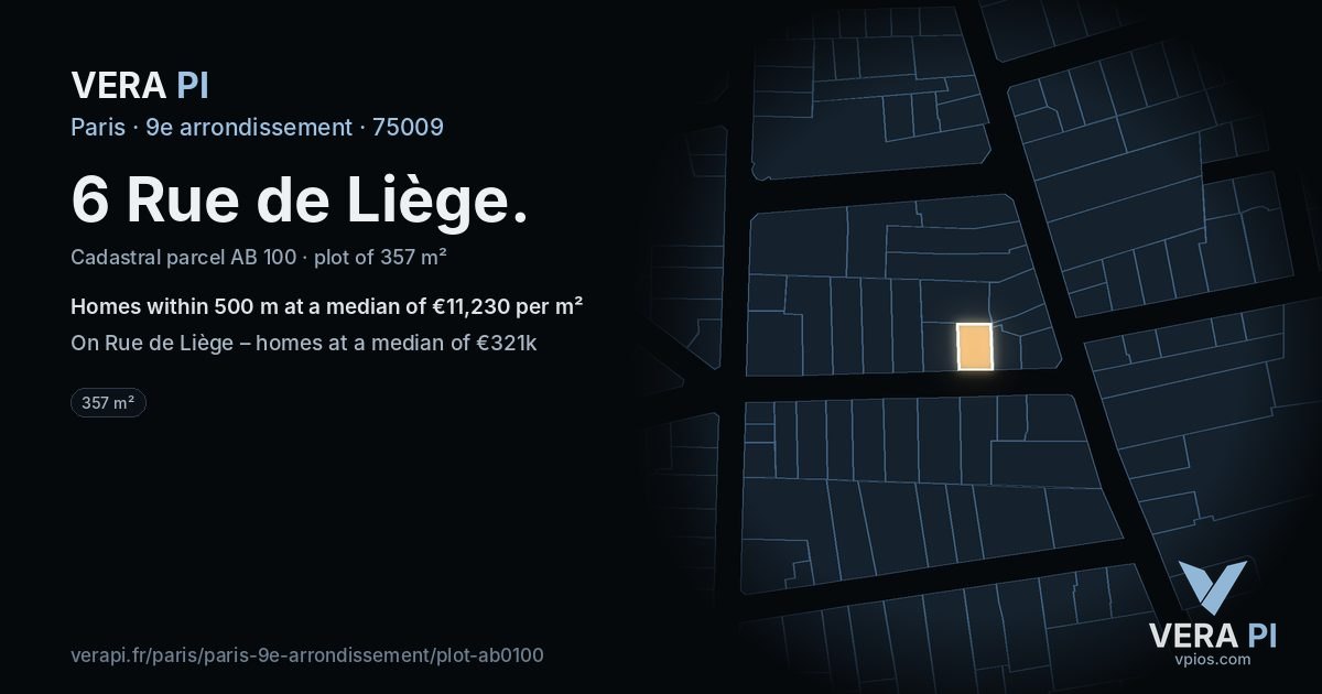 6 Rue de Liège, 9e arrondissement at night – the plot lit, the parcels around coloured by the prices near them