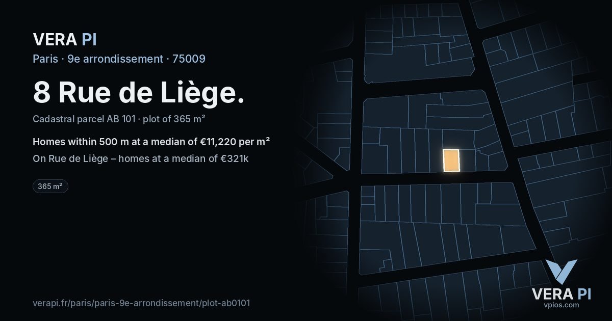8 Rue de Liège, 9e arrondissement at night – the plot lit, the parcels around coloured by the prices near them