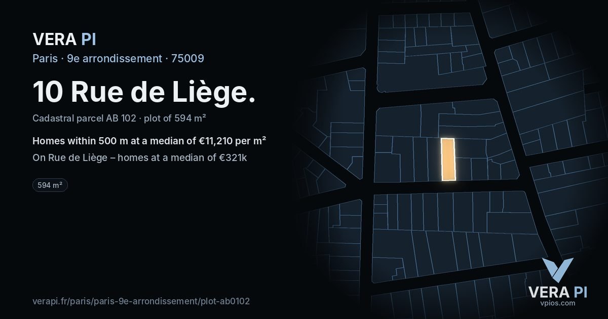 10 Rue de Liège, 9e arrondissement at night – the plot lit, the parcels around coloured by the prices near them