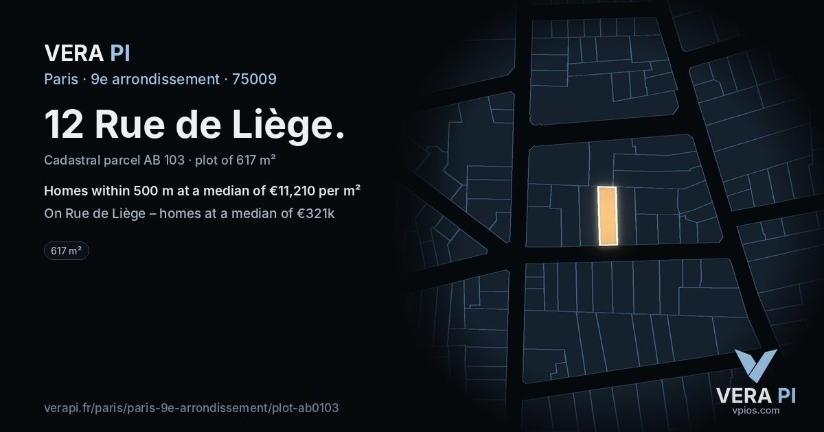 12 Rue de Liège, 9e arrondissement at night – the plot lit, the parcels around coloured by the prices near them