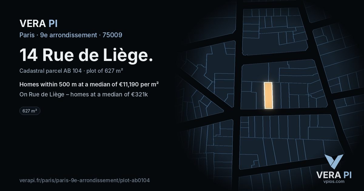 14 Rue de Liège, 9e arrondissement at night – the plot lit, the parcels around coloured by the prices near them