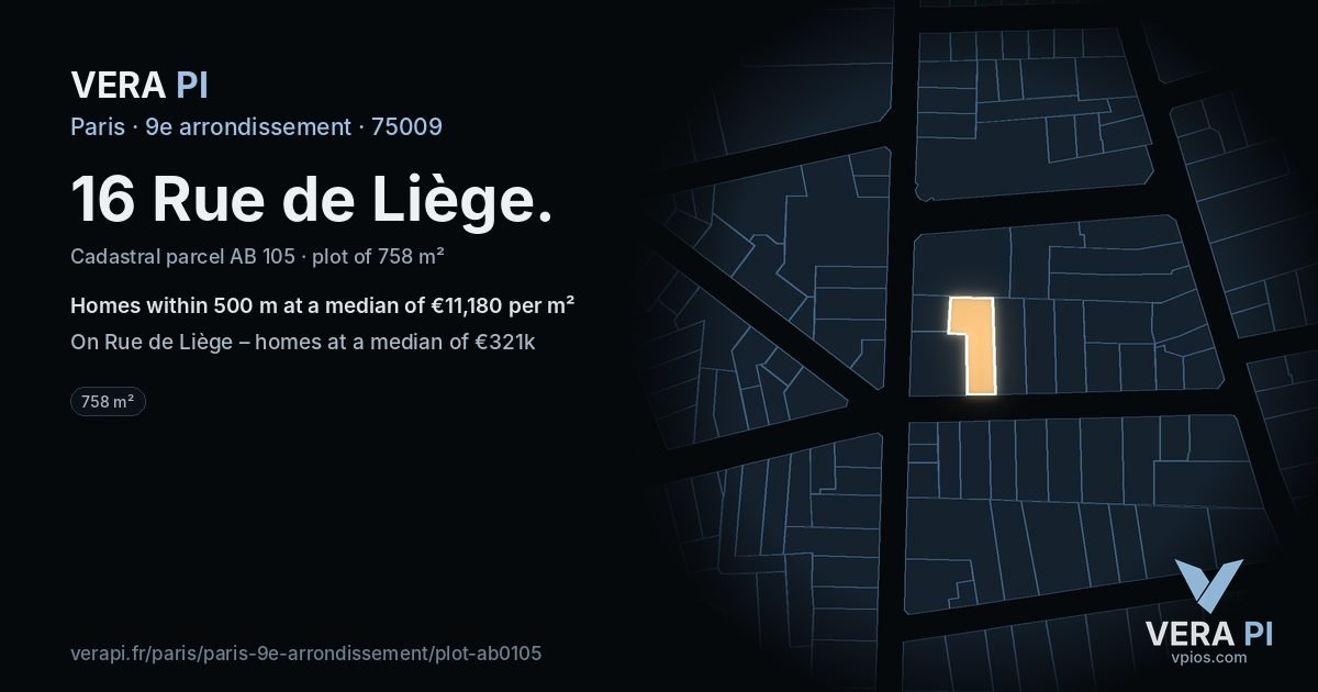 16 Rue de Liège, 9e arrondissement at night – the plot lit, the parcels around coloured by the prices near them