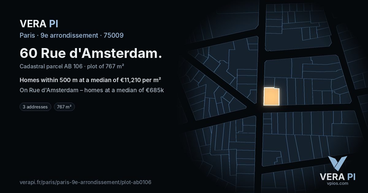 60 Rue d'Amsterdam, 9e arrondissement at night – the plot lit, the parcels around coloured by the prices near them