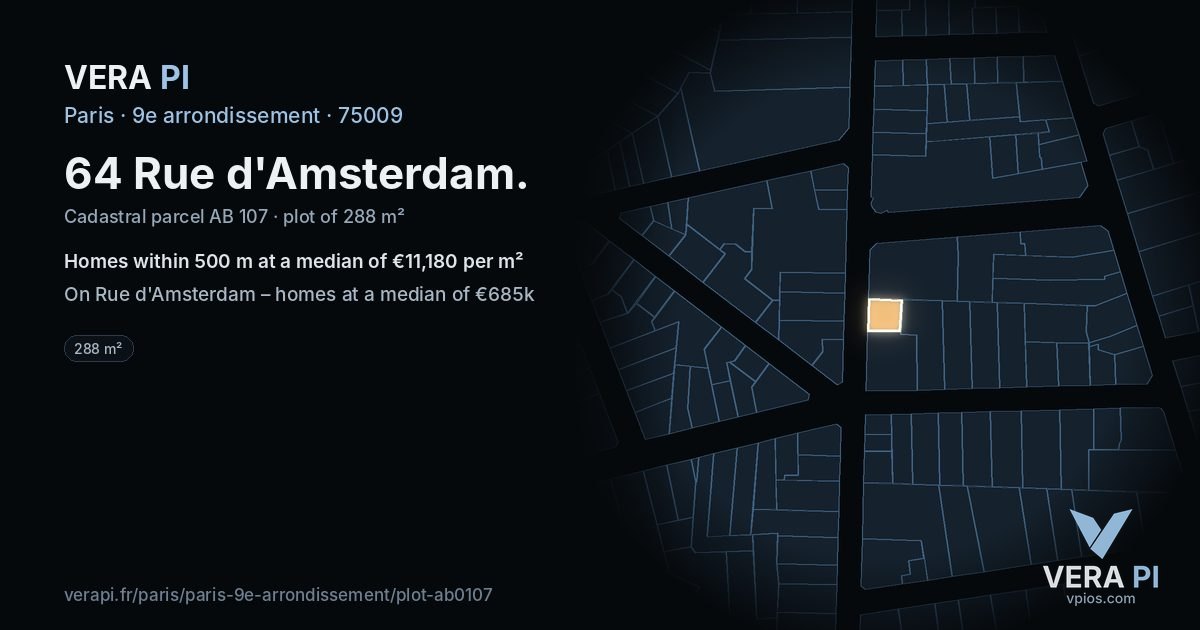 64 Rue d'Amsterdam, 9e arrondissement at night – the plot lit, the parcels around coloured by the prices near them