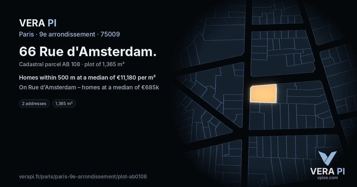 66 Rue d'Amsterdam, 9e arrondissement at night – the plot lit, the parcels around coloured by the prices near them