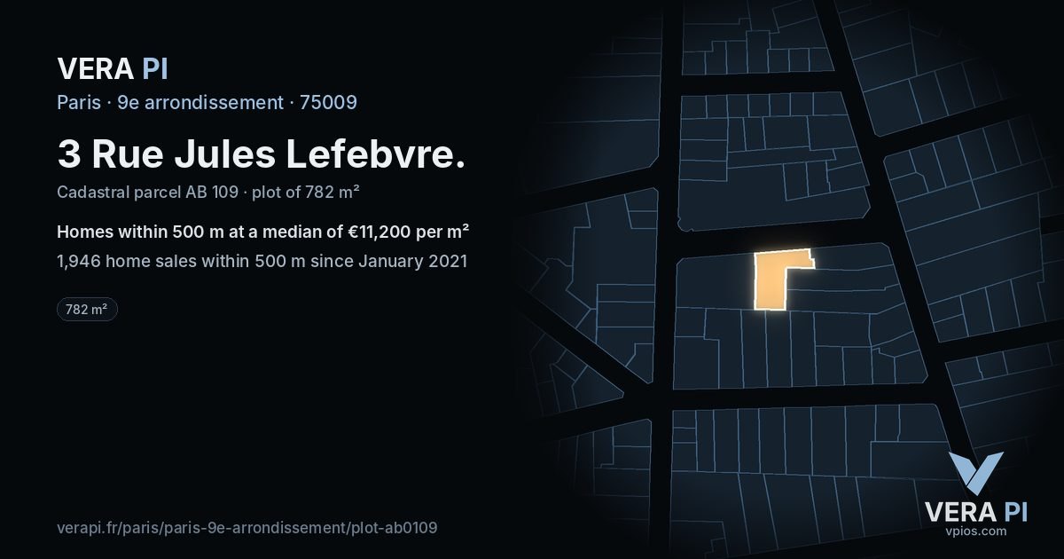 3 Rue Jules Lefebvre, 9e arrondissement at night – the plot lit, the parcels around coloured by the prices near them