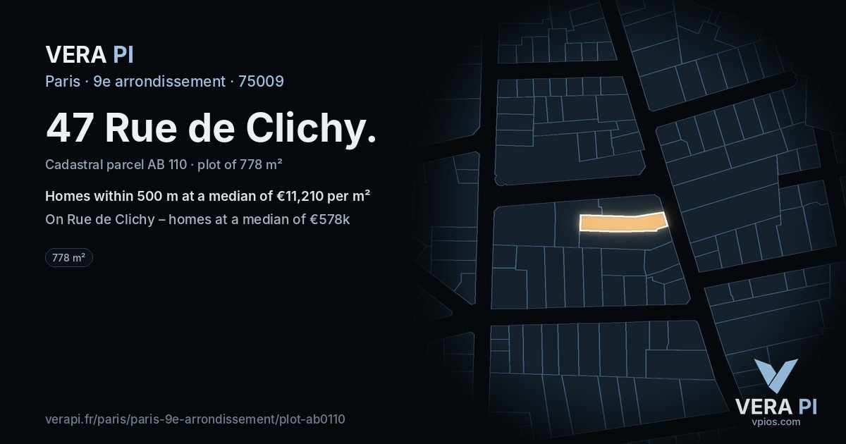 47 Rue de Clichy, 9e arrondissement at night – the plot lit, the parcels around coloured by the prices near them