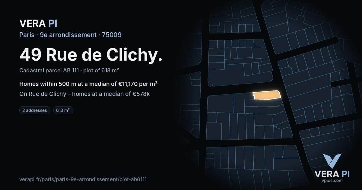 49 Rue de Clichy, 9e arrondissement at night – the plot lit, the parcels around coloured by the prices near them