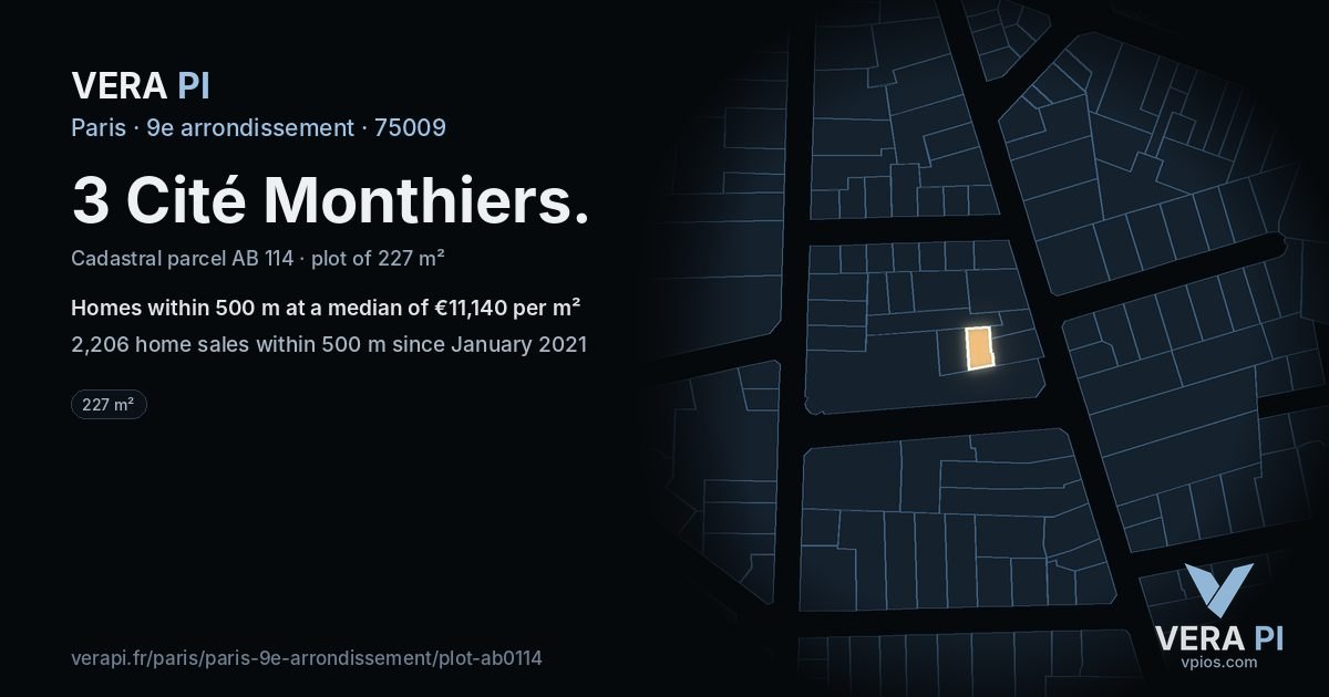 3 Cité Monthiers, 9e arrondissement at night – the plot lit, the parcels around coloured by the prices near them