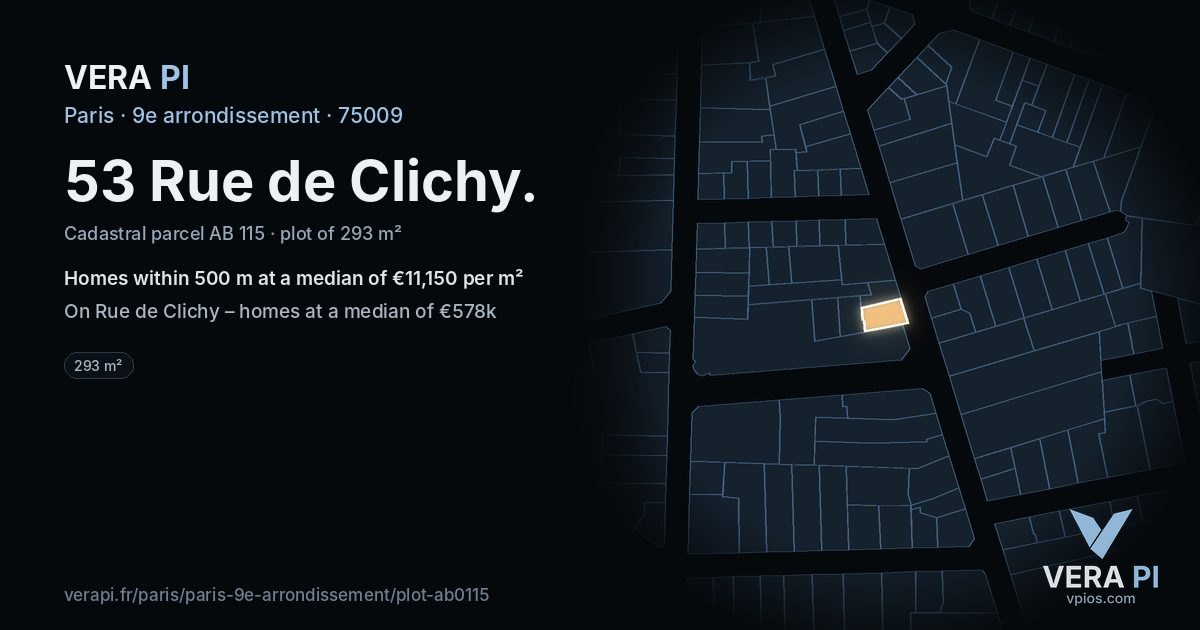 53 Rue de Clichy, 9e arrondissement at night – the plot lit, the parcels around coloured by the prices near them