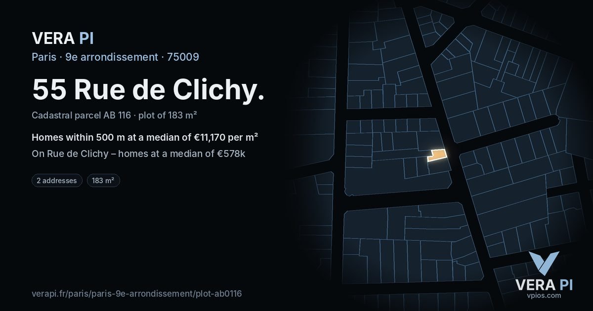 55 Rue de Clichy, 9e arrondissement at night – the plot lit, the parcels around coloured by the prices near them