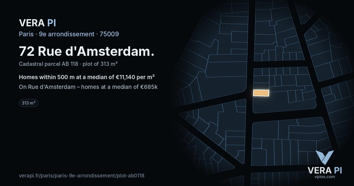 72 Rue d'Amsterdam, 9e arrondissement at night – the plot lit, the parcels around coloured by the prices near them