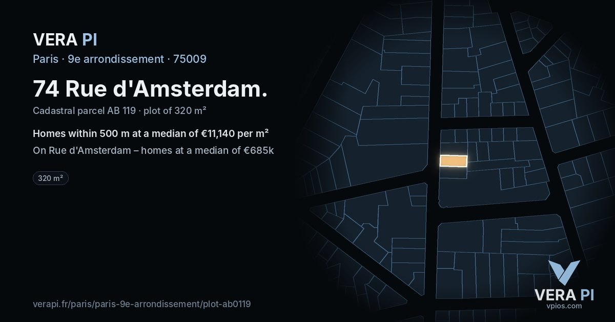 74 Rue d'Amsterdam, 9e arrondissement at night – the plot lit, the parcels around coloured by the prices near them